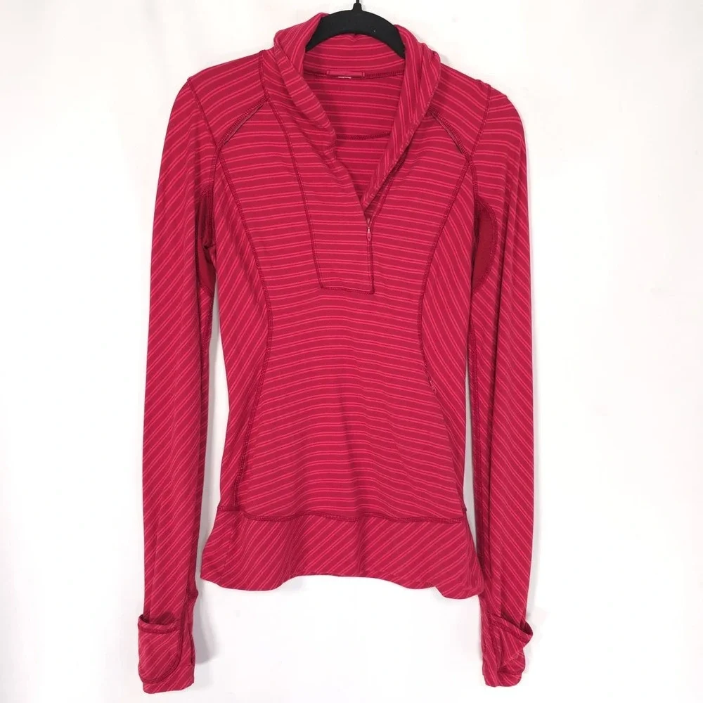 LULULEMON Womens Top Active Stripe 1/4 Zip Red Pink US 4 Thumbhole Long Sleeve